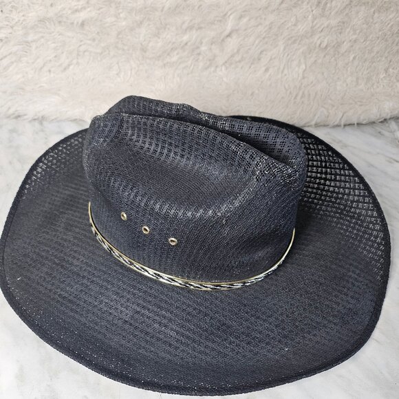 Vintage Mexican Wide Brim Black Sombrero Straw Cowboy Hat - Picture 4 of 11